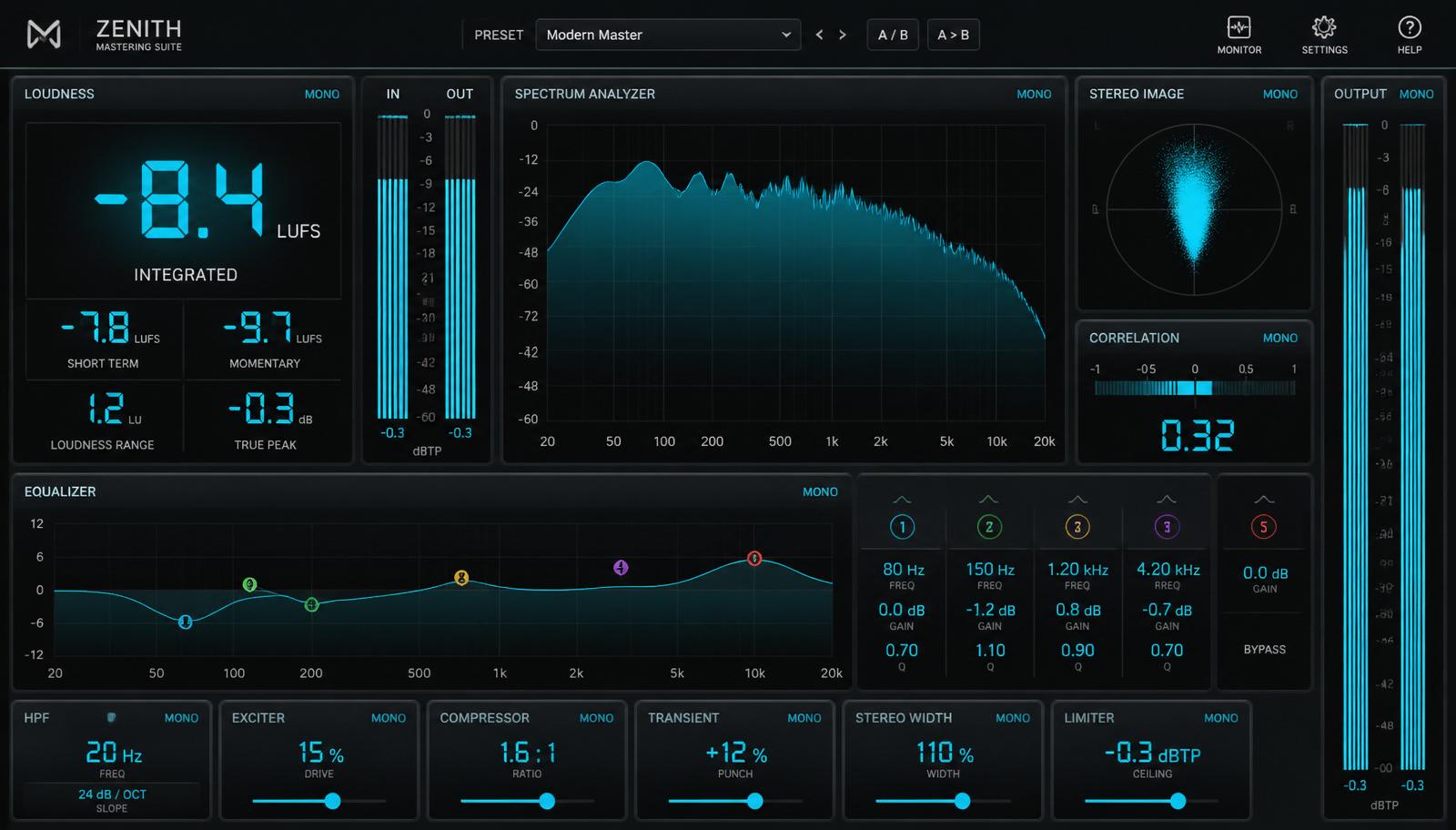 Choose a mastering signature, hit release loudness at a safe ceiling, and export a 24-bit WAV.