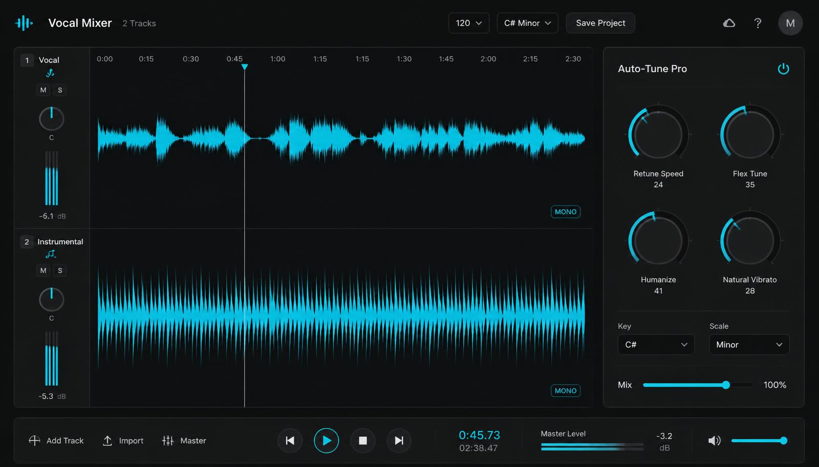 Load a vocal and a beat, or your full stems. Noise, breaths and sibilance are cleaned, the key is detected, and pitch is nudged onto the nearest correct note.